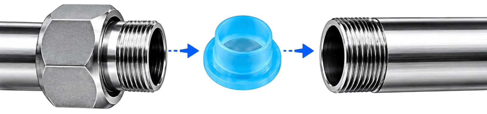 Pipe connection assembly step showing Allied Silicone Washer fitting between threaded pipes